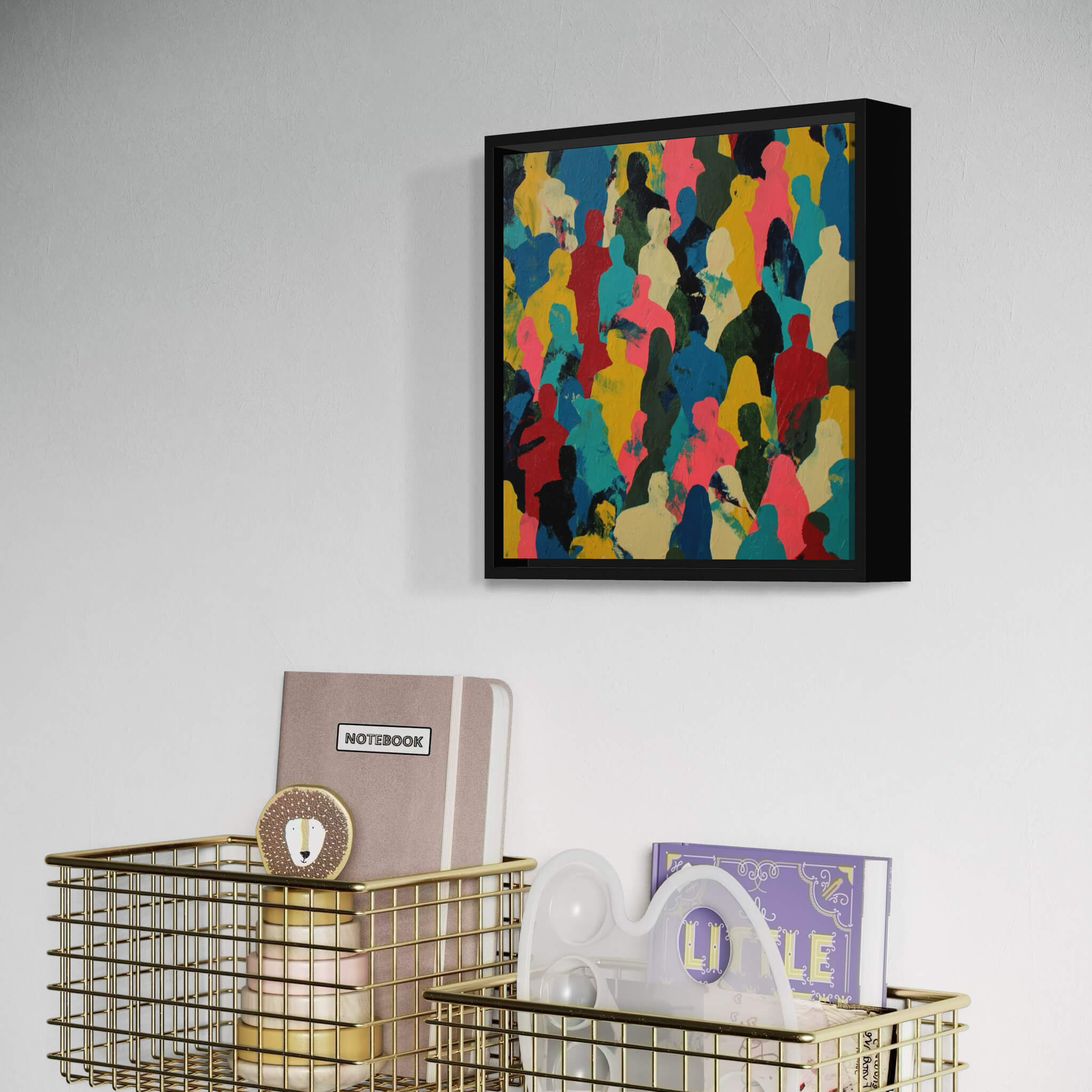 Colorful abstract art piece on a wall above a gold wire basket with decorative items.