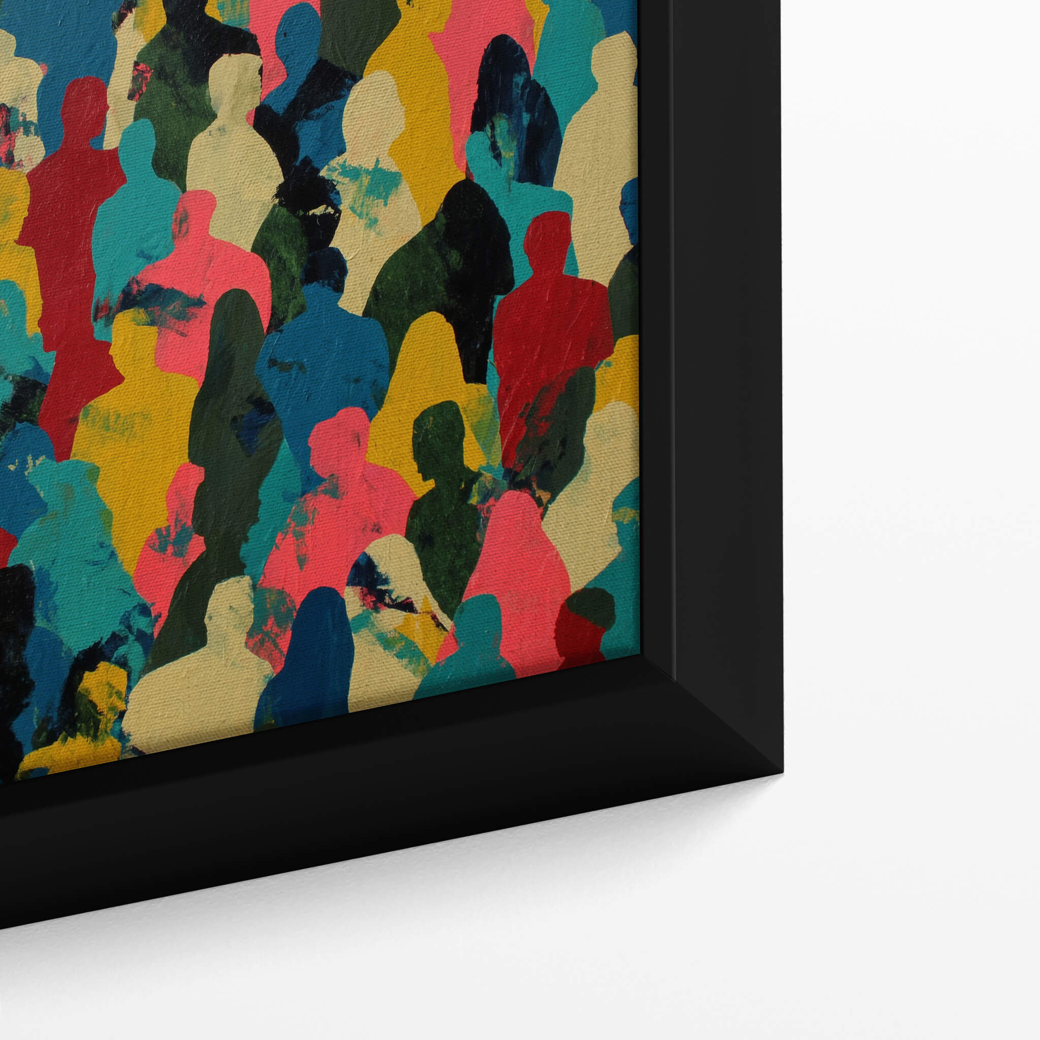 Framed abstract artwork with colorful human figures on a white background