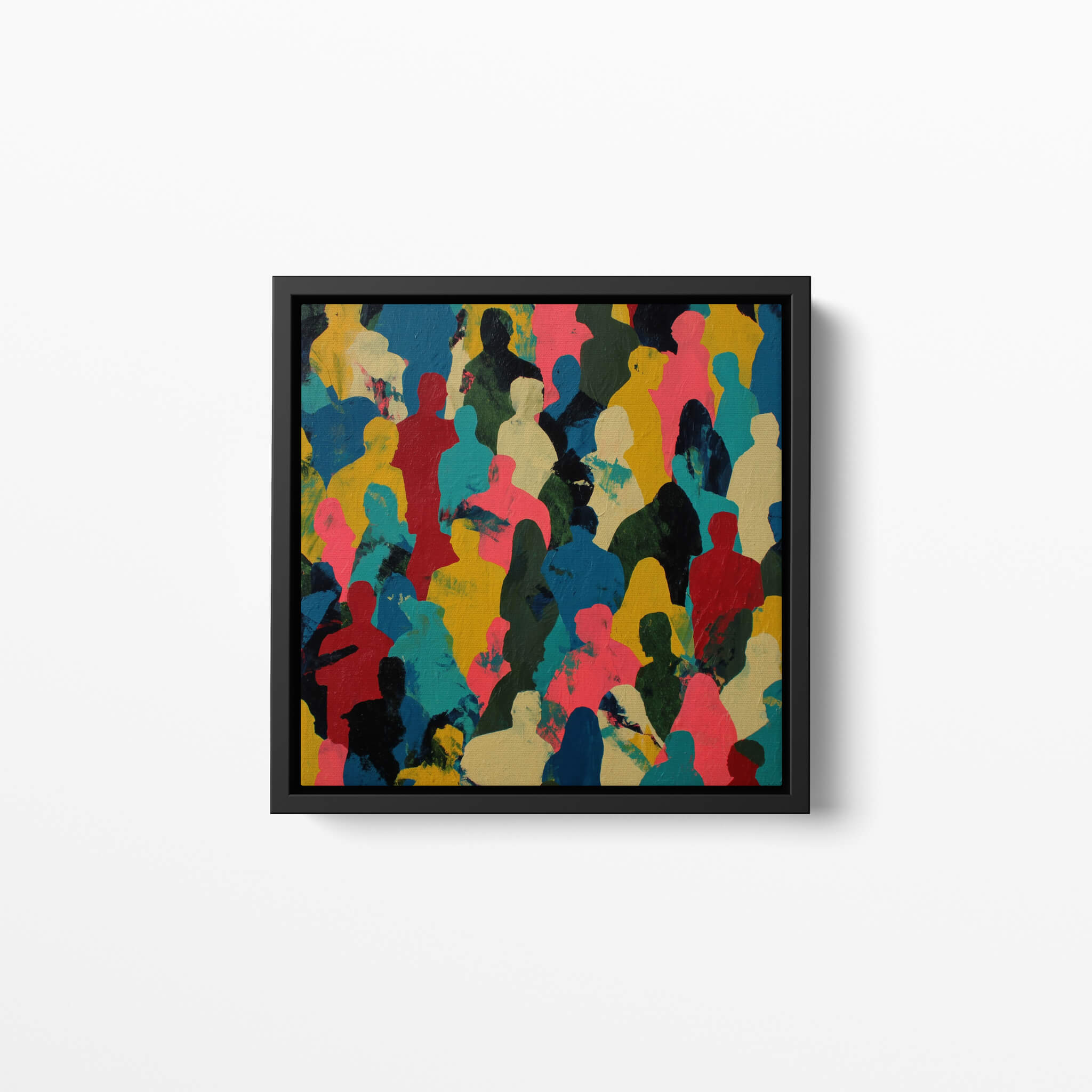 Framed abstract art with colorful silhouettes on a white background