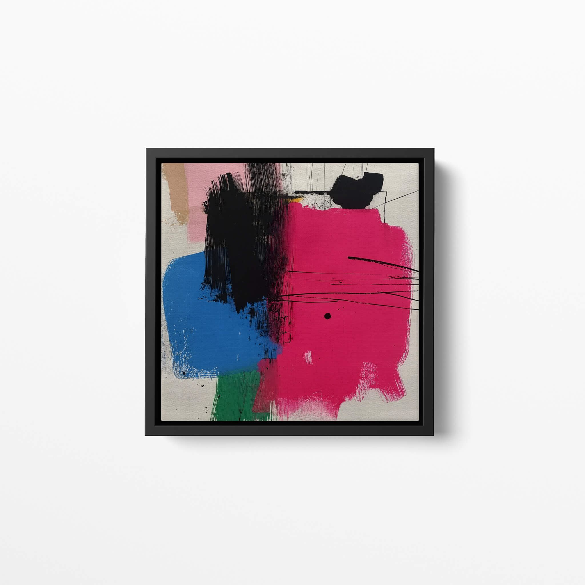 Abstract art print with colorful shapes on a white wall