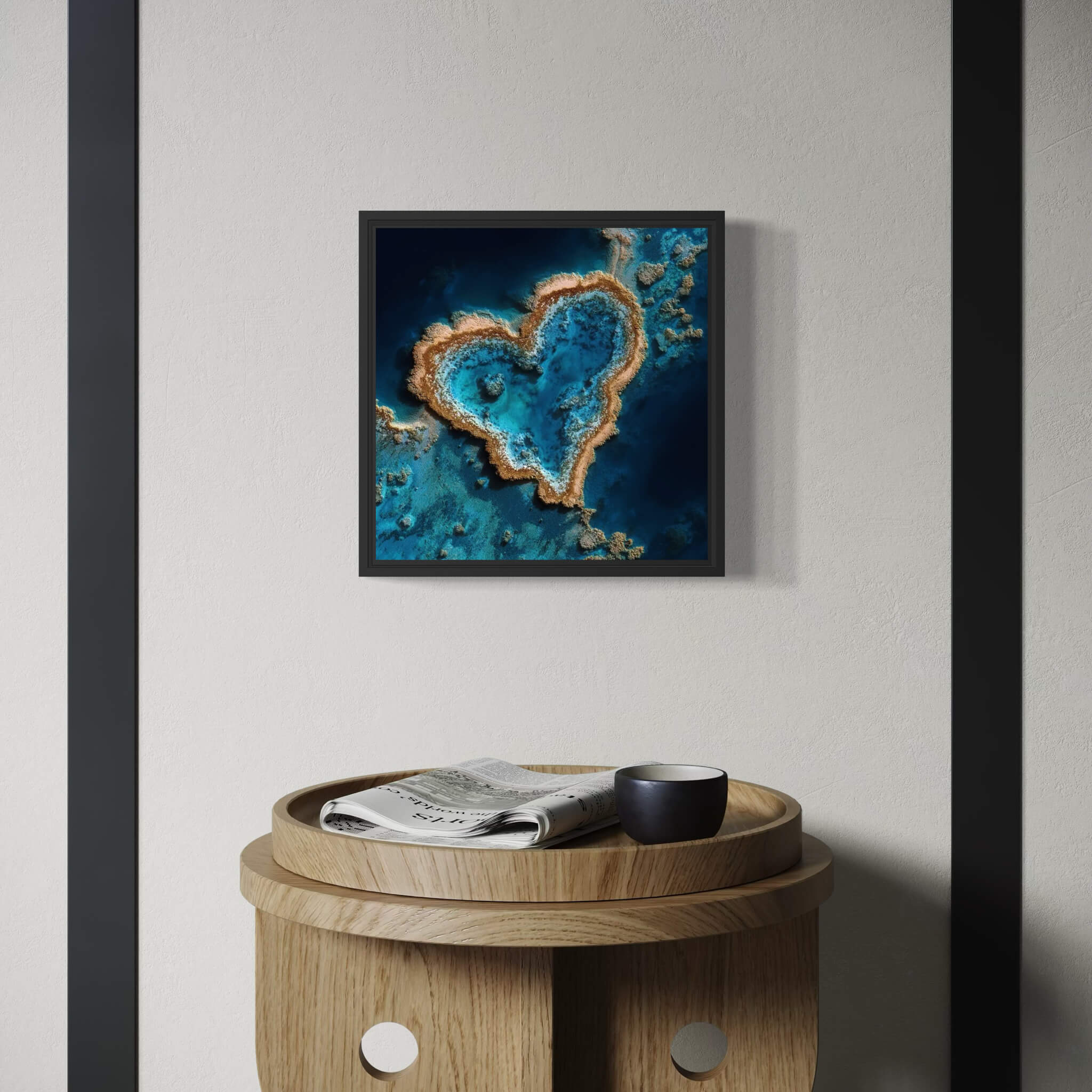 Framed artwork of a blue heart-shaped geode on a wall above a wooden side table with a newspaper and cup.