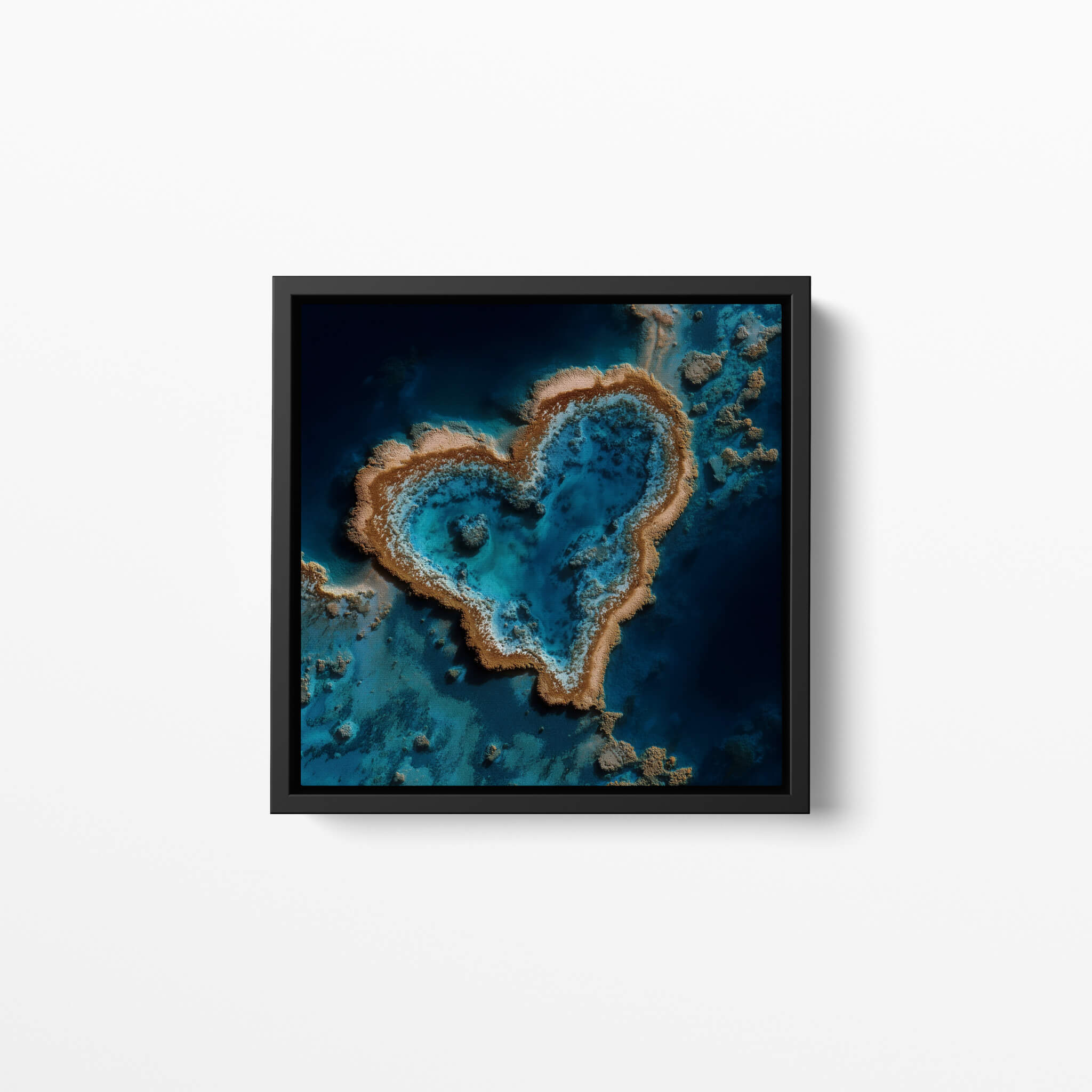 Framed artwork of a heart-shaped blue geological formation on a white background
