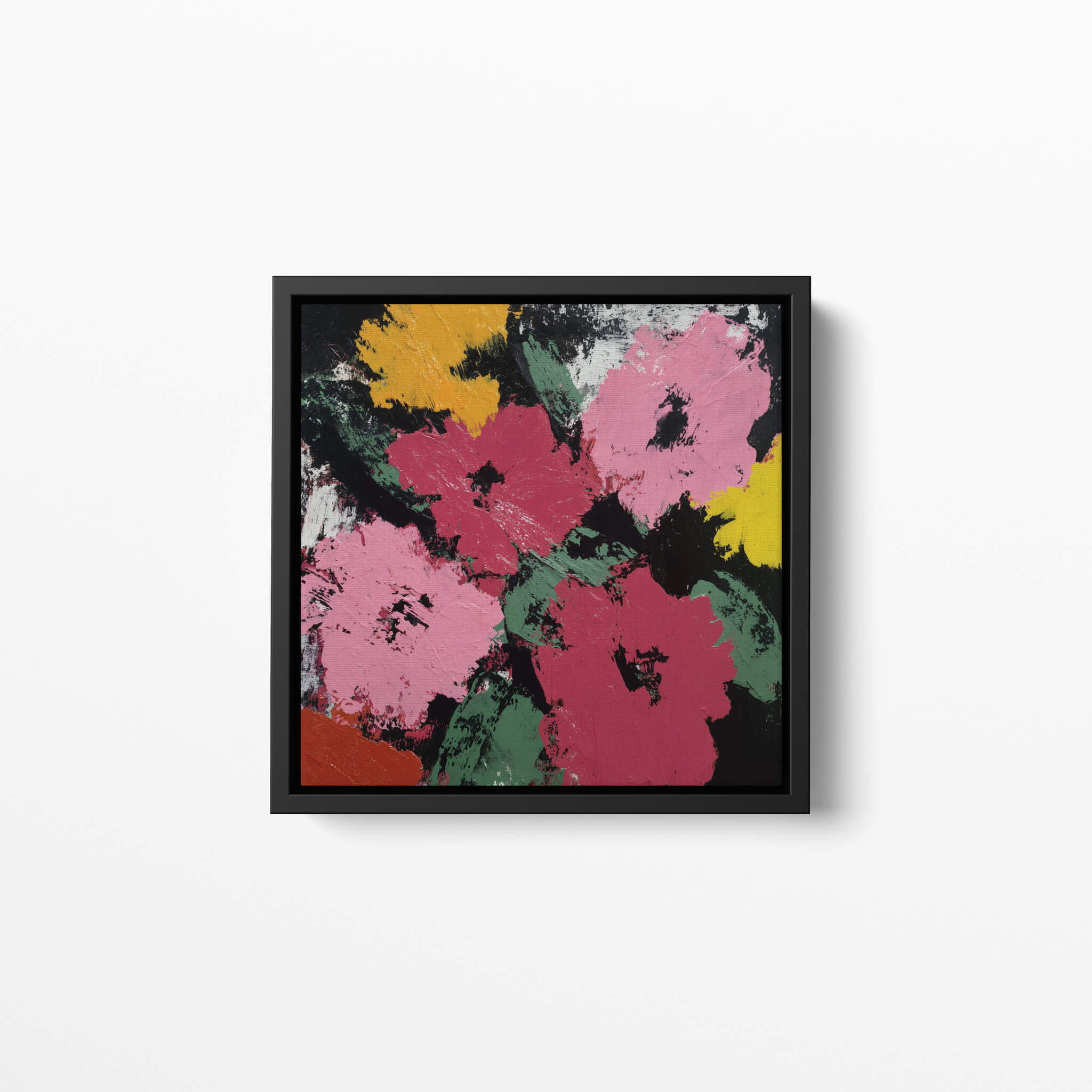 Framed abstract art print with pink, yellow, and green flowers on a white background
