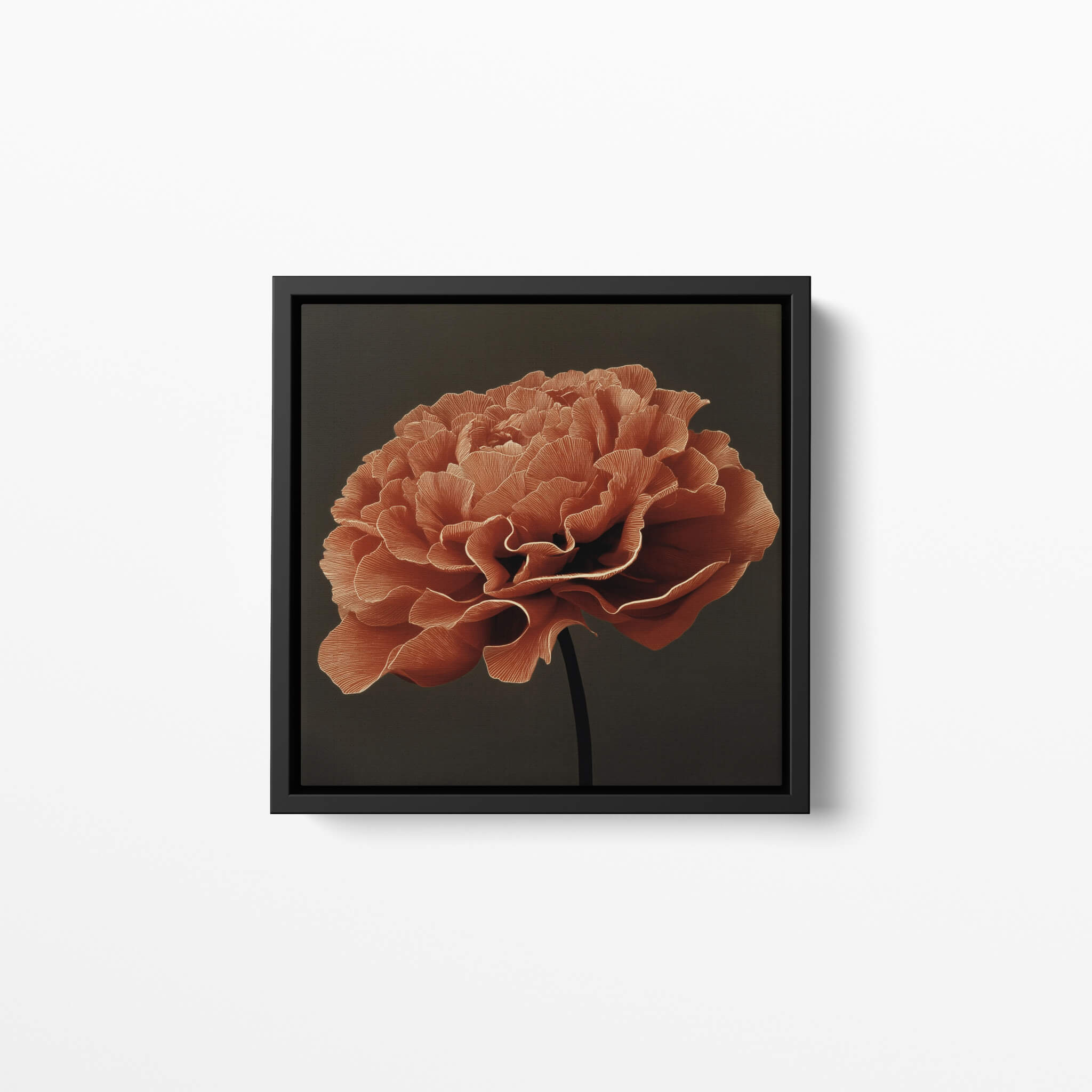 Framed artwork of a orange flower on a white background