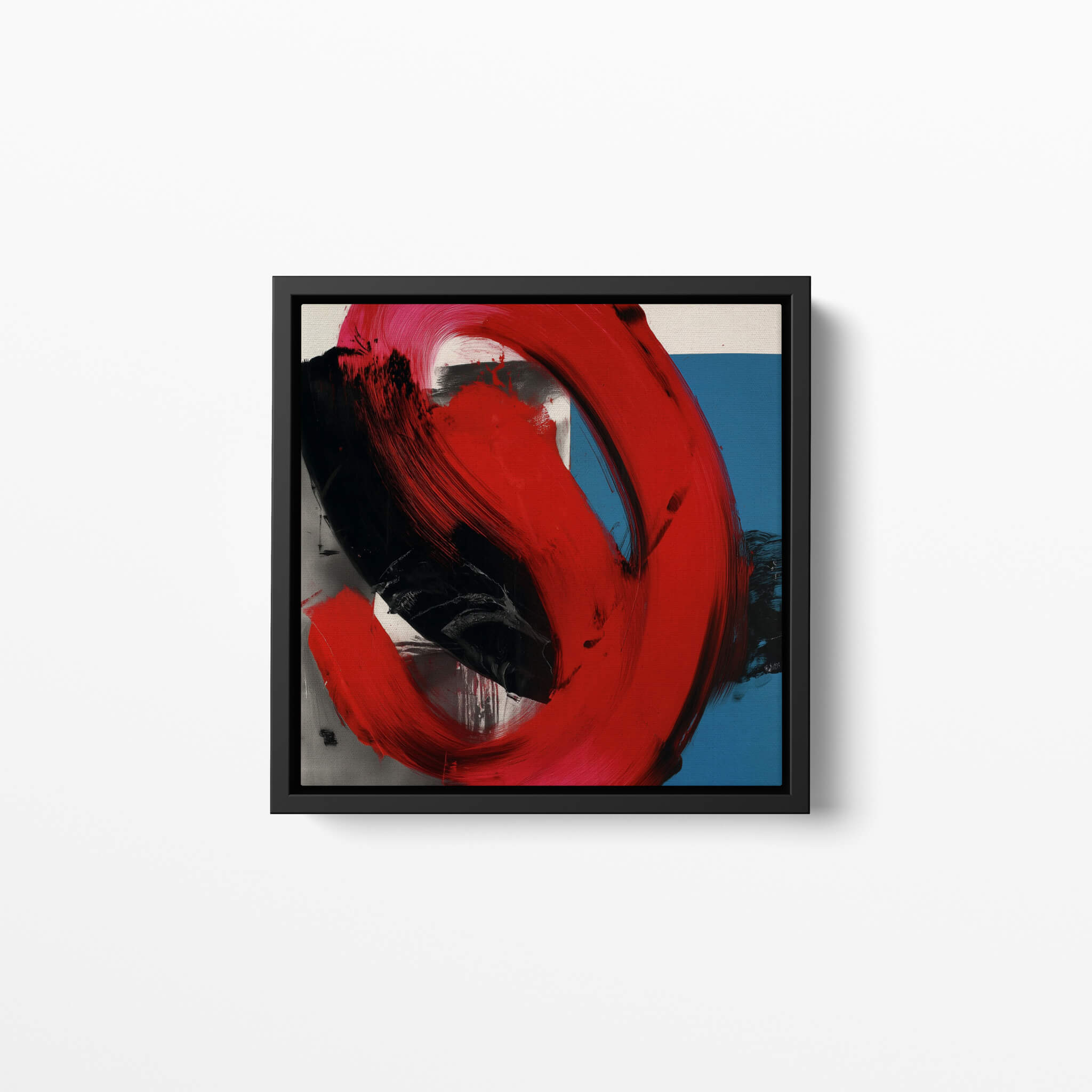 Abstract art piece with red, black, and blue colors in a black frame on a white background