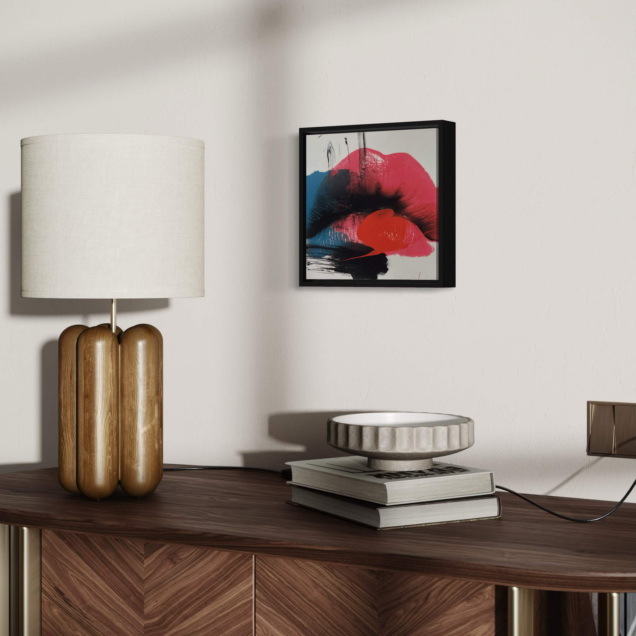 Modern interior with wooden sideboard, lamp, and abstract art on wall