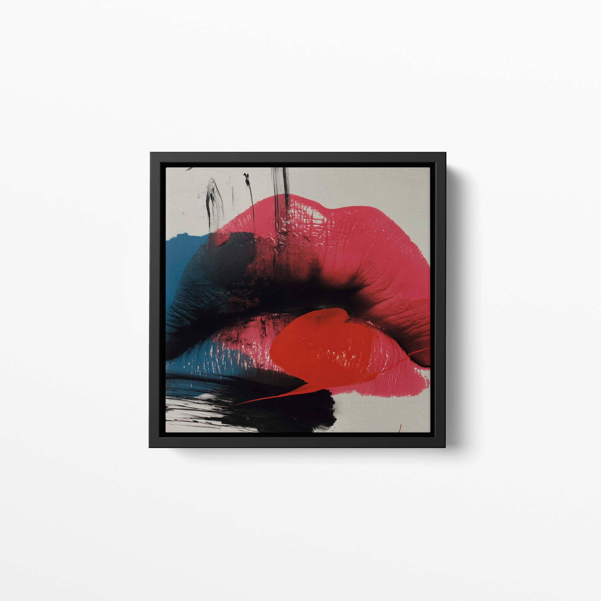 Framed abstract art with red, blue, and black colors on a white background