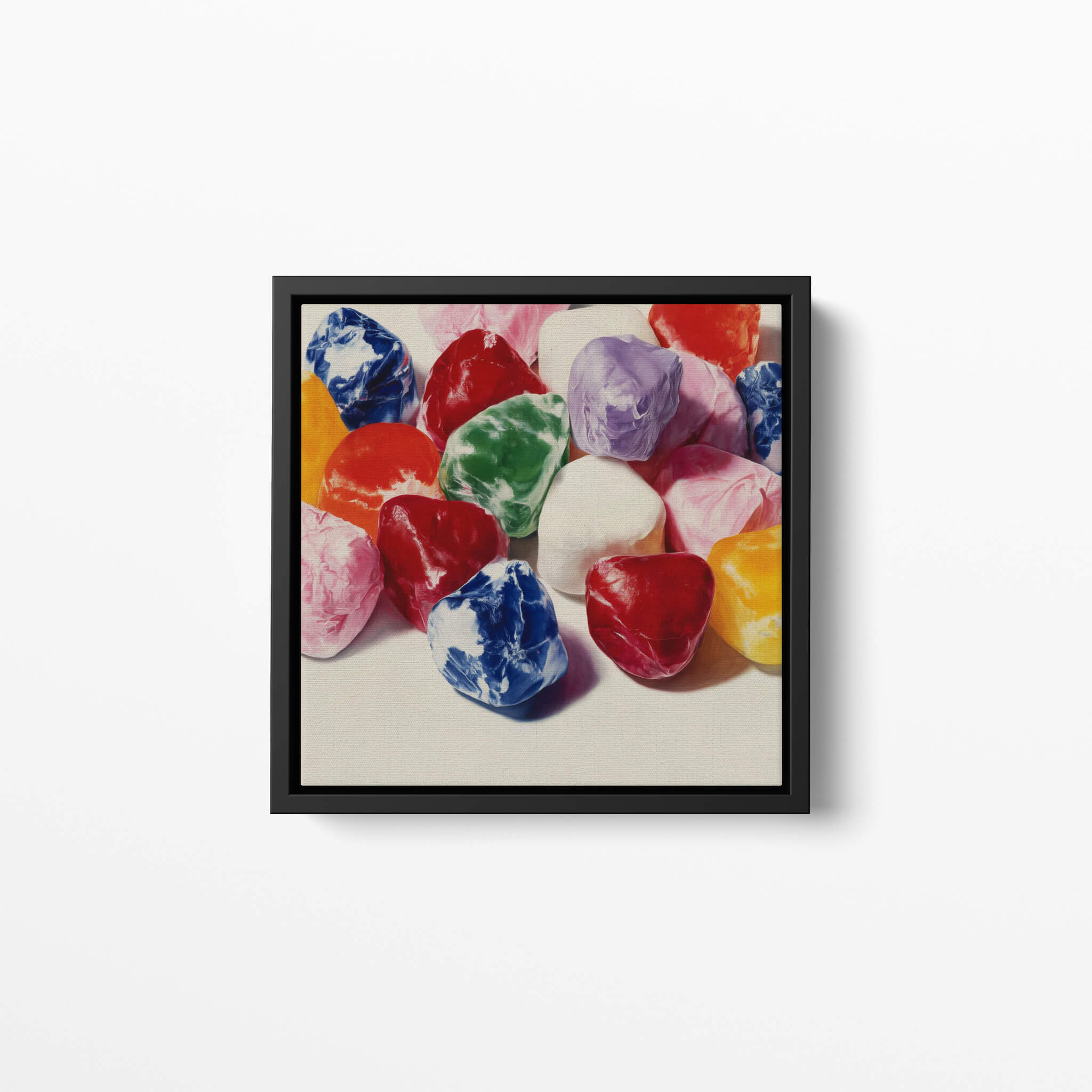 Framed hyper realistic fine art drawing artwork of colourful jelly beans on a white background