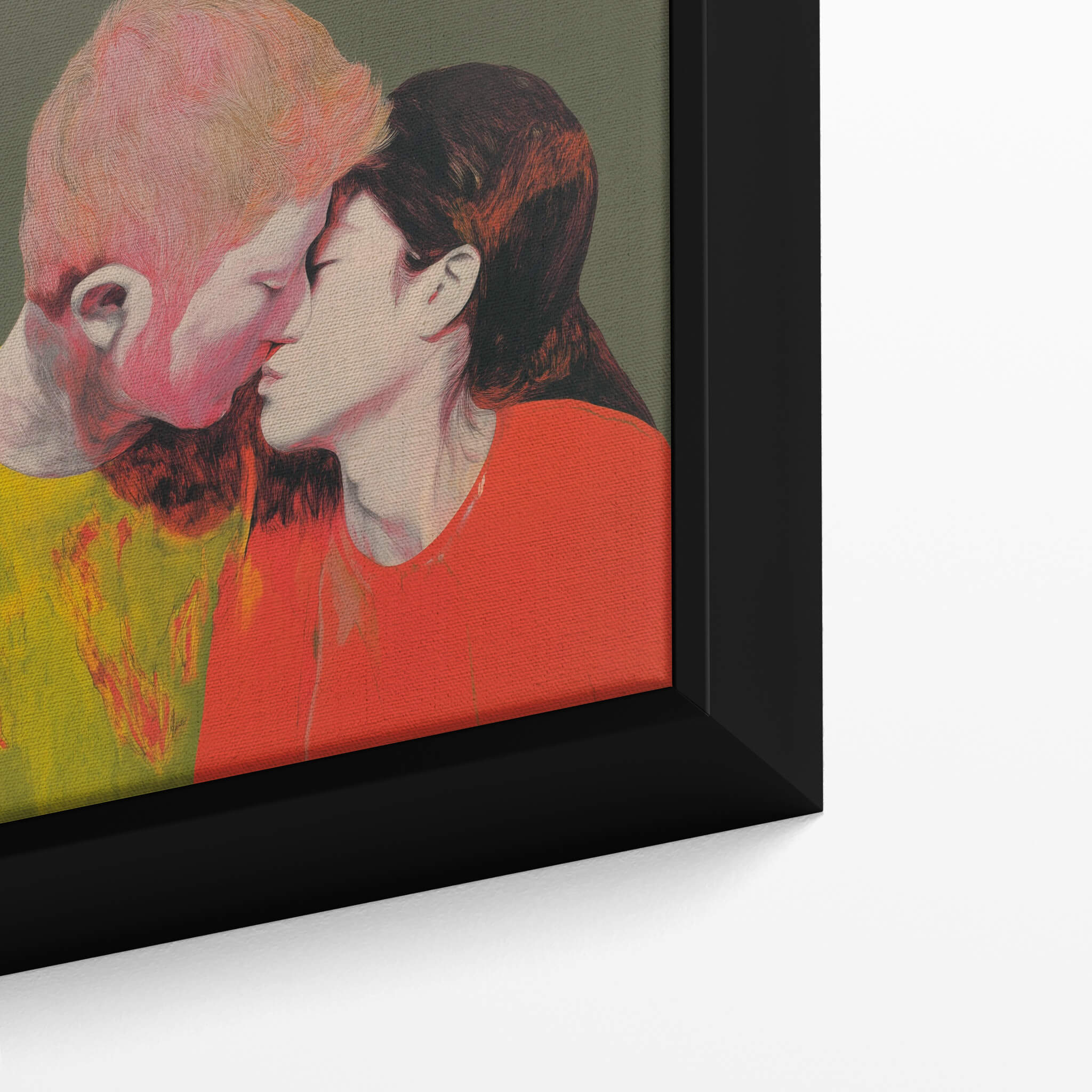 Framed artwork of a couple kissing, mixed media painting in a black frame