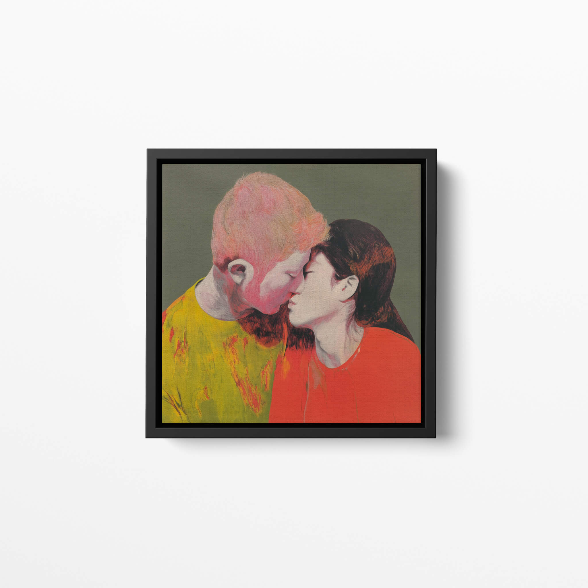 Framed artwork of a couple kissing, mixed media painting in a black frame