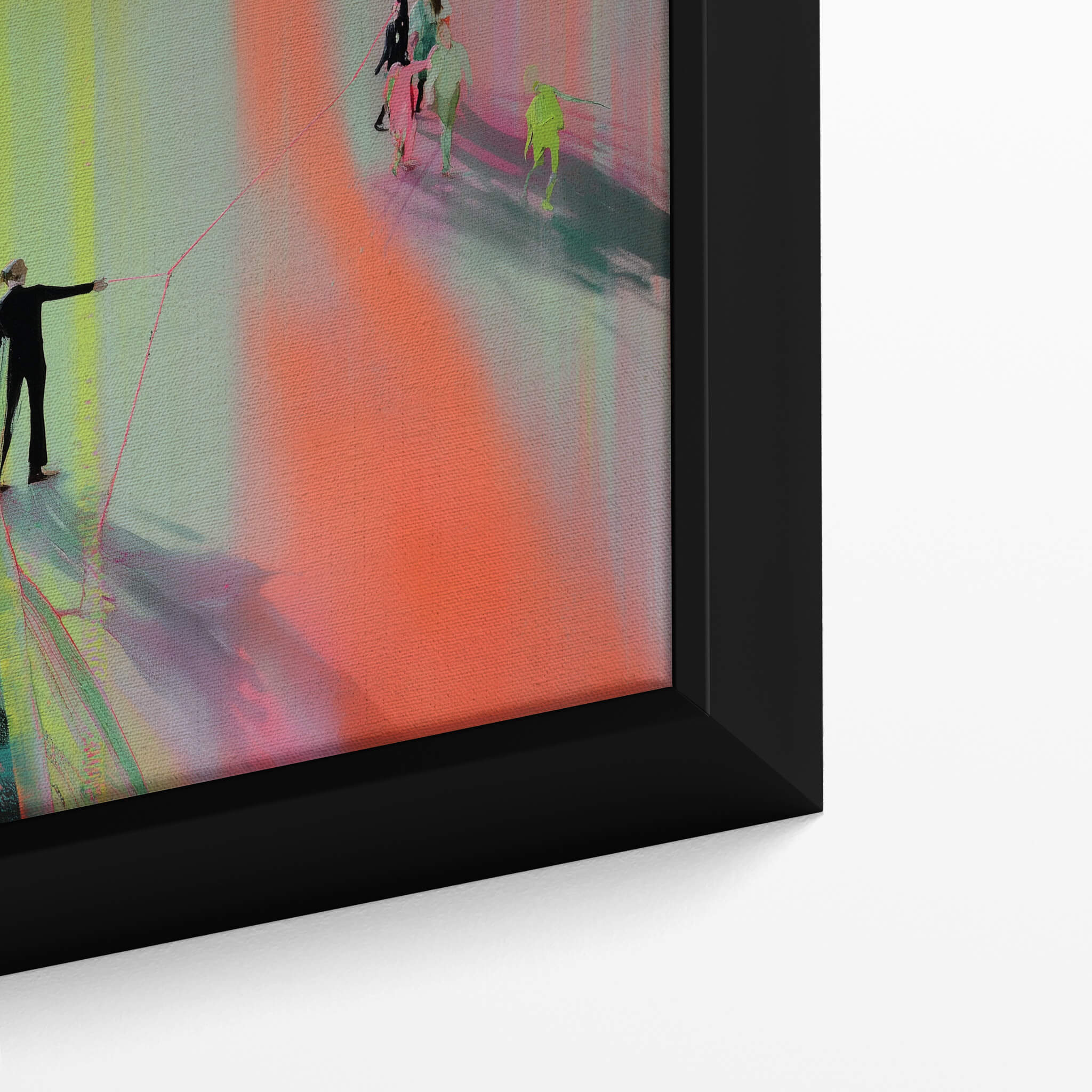 Framed abstract artwork with colorful figures on a white background