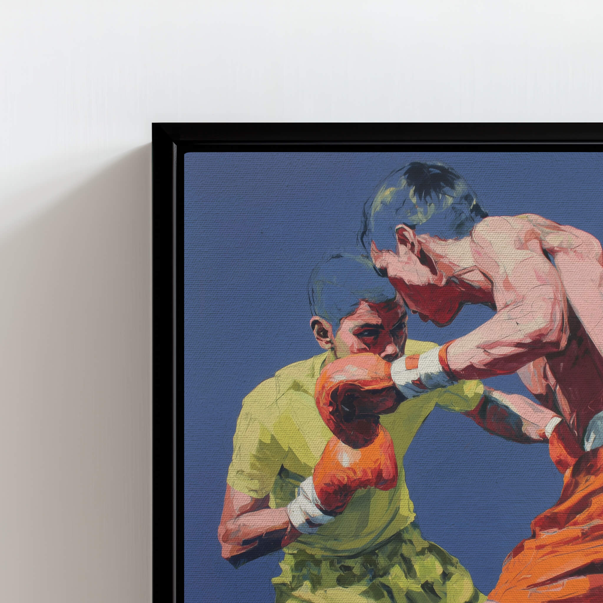 Framed artwork of two boxers in a match on a blue background