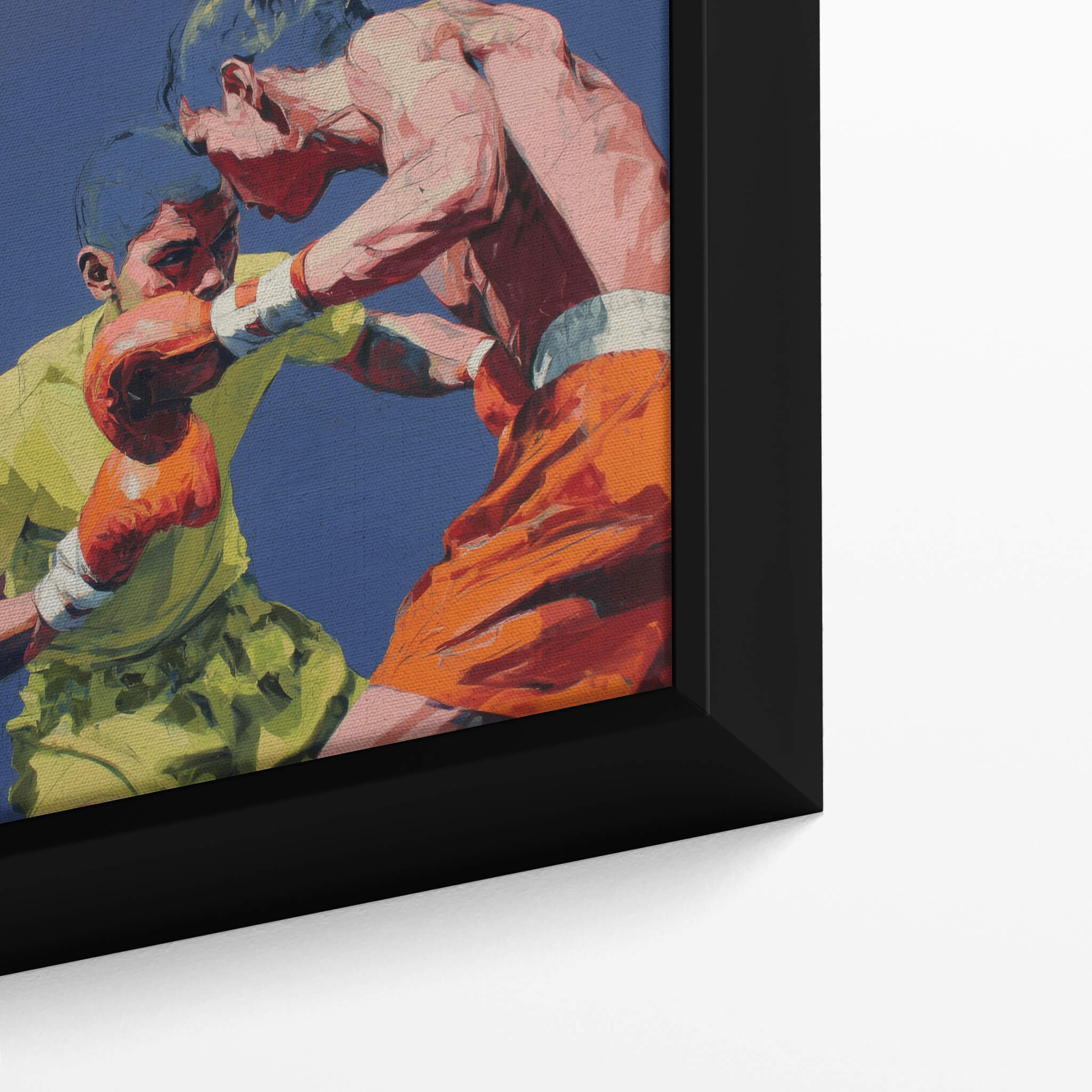Framed oil painting artwork of two boxers in a boxing match with a black frame