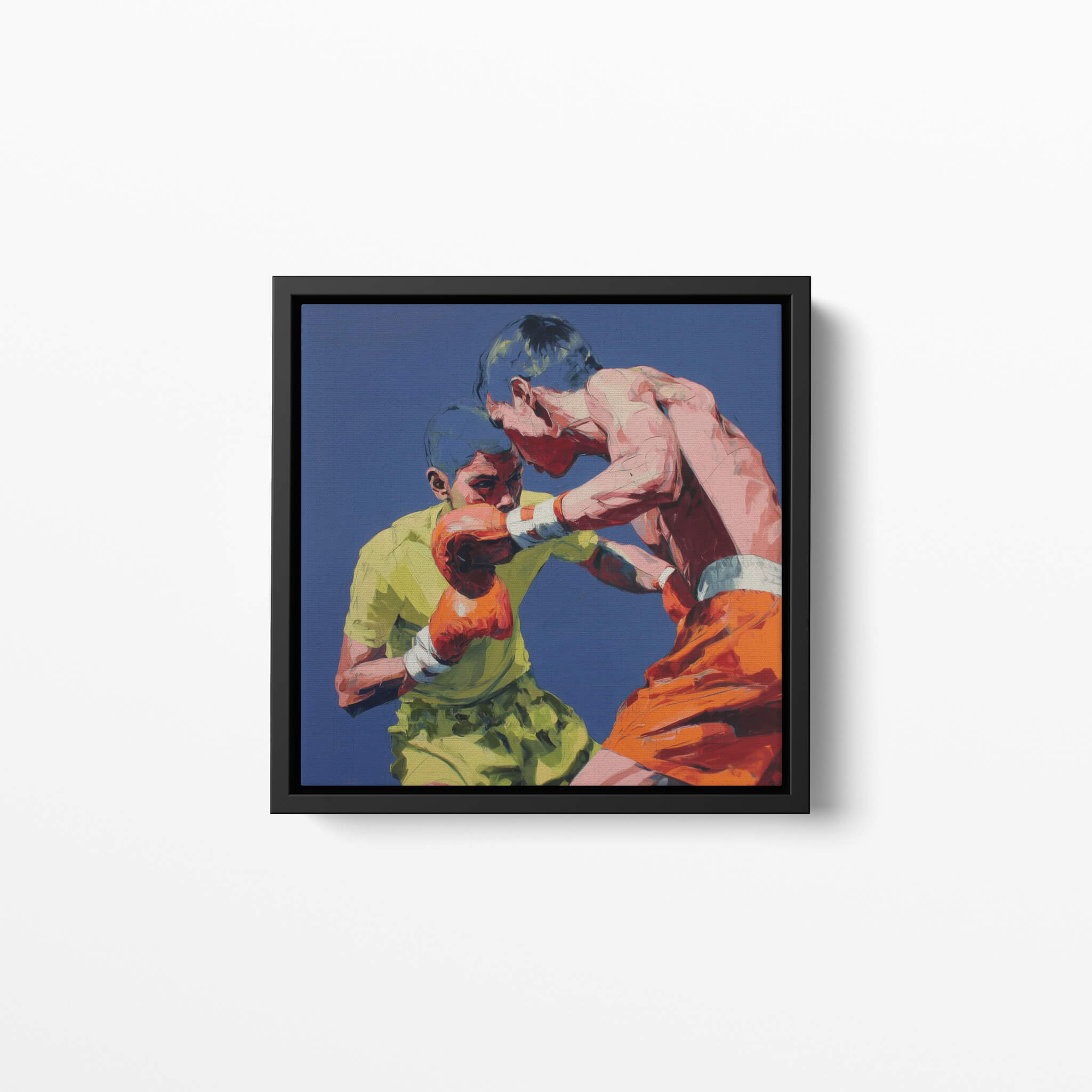 Framed artwork of two boxers in a match on a teal background