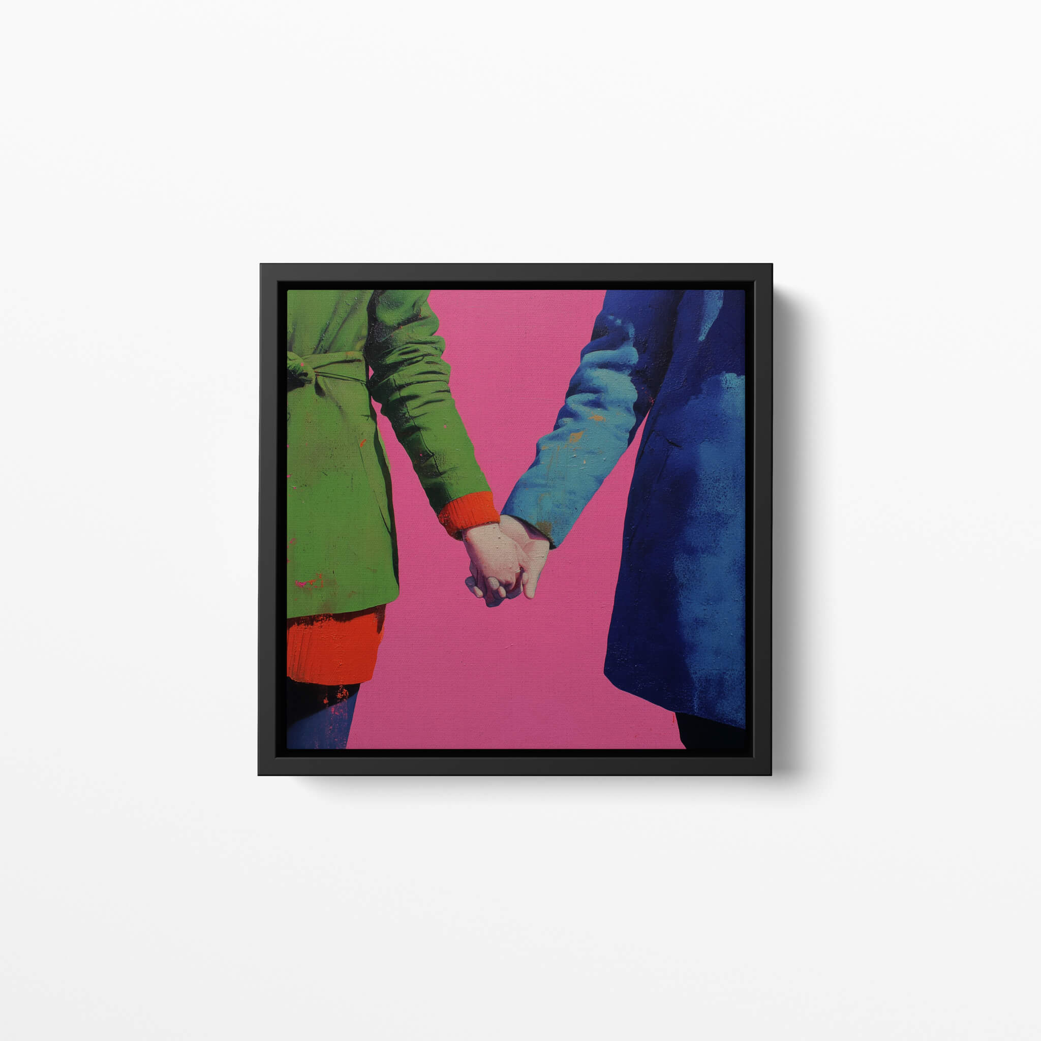 Framed artwork of two people holding hands against a pink background in oil paints