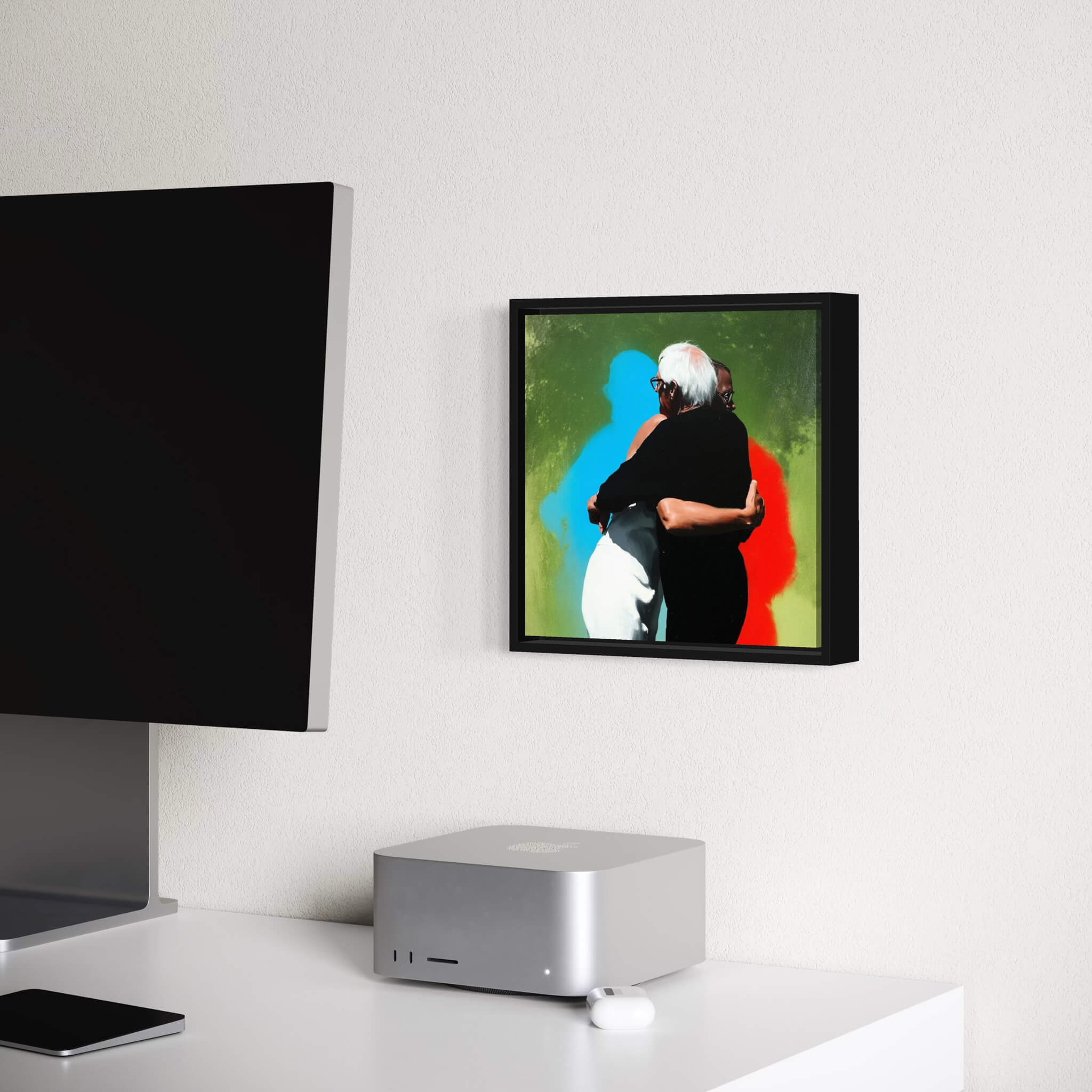 Framed artwork of two people embracing on a white wall above a desk with electronic devices.