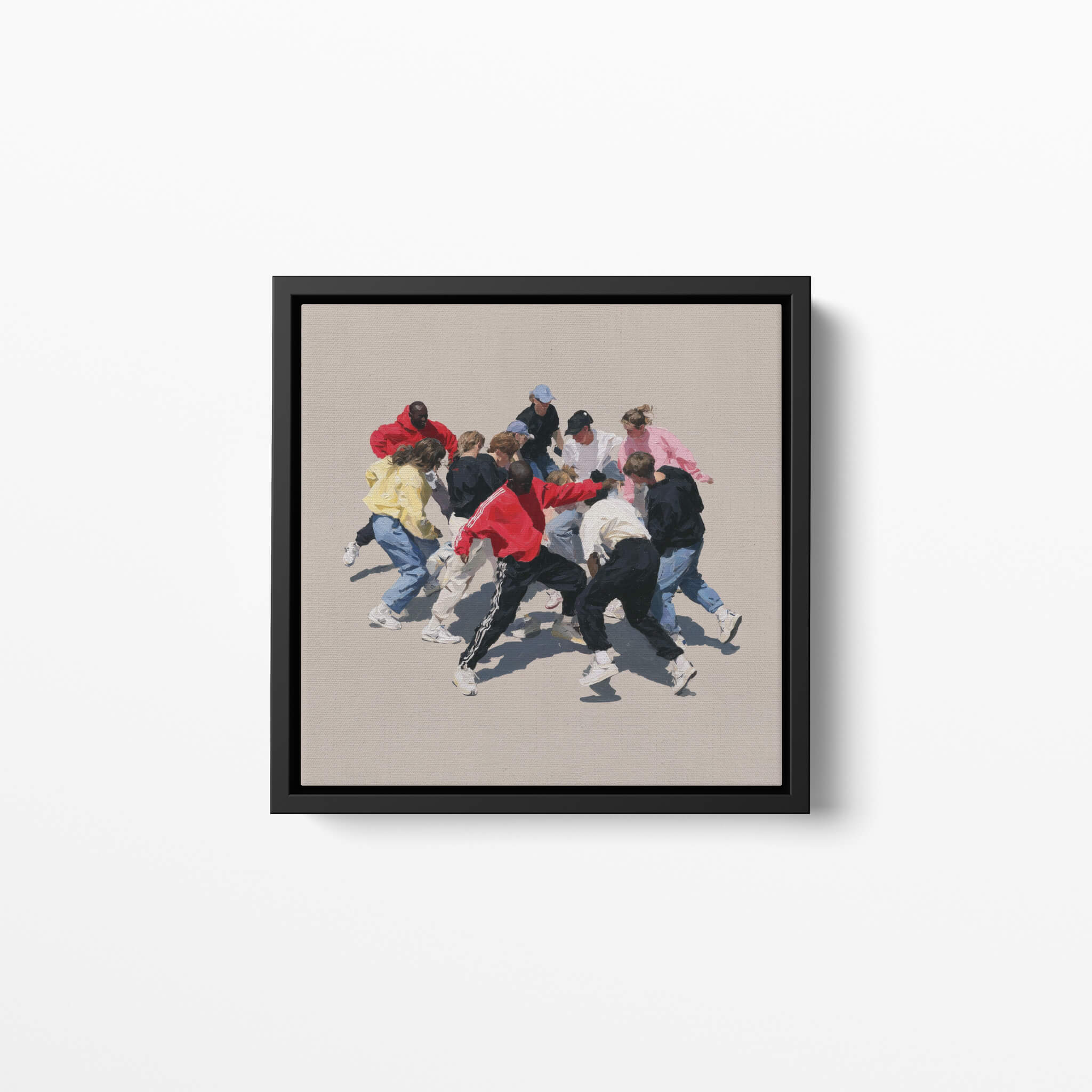 Framed oil painting artwork of a group of people dancing on a beige background